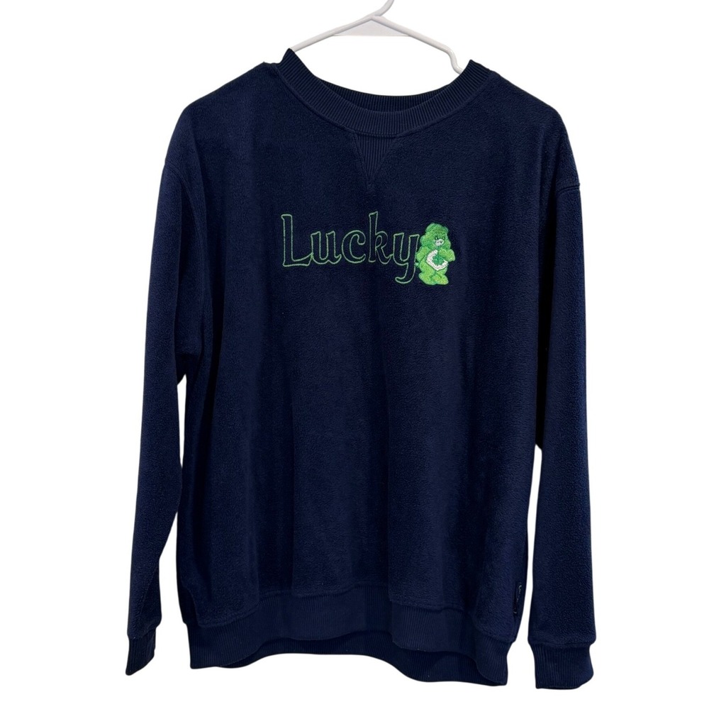 Vintage 2004 Care Bears Good‎ Luck Bear Fleece Sweatshirt Navy Blue Lucky Medium